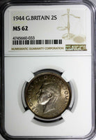 Great Britain George VI Silver 1944 Florin 2 Shillings NGC MS62 NICE TONED KM855