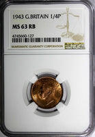 Great Britain George VI Bronze 1943 Farthing NGC MS63 RB KM# 843 (127)