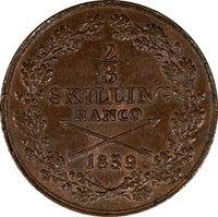 Sweden Carl XIV Johan Copper 1839 2/3 Skilling ch.aUNC KM# 641 (20 848)