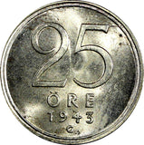 Sweden Gustaf V Silver 1943 G 25 Öre 1stYear Type GEM BU COIN KM# 816 (22 032)