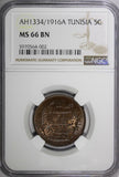 Tunisia Muhammad V AH1334/1916 A 5 Centimes NGC MS66 BN TOP GRADED KM# 235 (002)