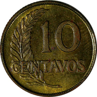 Peru Brass 1948/8 10 Centavos 3 YEARS TYPE aUNC Toning SCARCE KM# 226.1