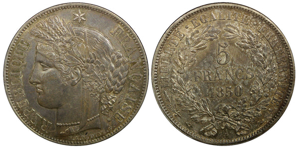 France Second Republic Silver 1850 A 5 Francs aUNC/UNC Nice Toned KM# 761.1 (6)