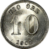 Sweden Oscar II Silver 1907 EB 10 Ore 1 Year Type UNC KM# 774 (15 699)