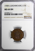 Luxembourg William III 1908 2-1/2 Centimes NGC MS64 BN 1 GRADED HIGHER KM# 21(1)