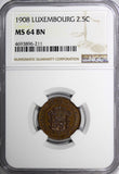 Luxembourg William III 1908 2-1/2 Centimes NGC MS64 BN 1 GRADED HIGHER KM# 21(1)