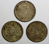 Netherlands Wilhelmina I SILVER LOT OF 3 Coins 1944 25 Cents aUNC KM# 164 (791)