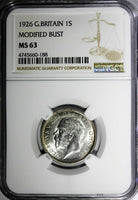Great Britain George V Silver 1926 1 Shilling NGC MS63 MODIFIED BUST  KM# 829