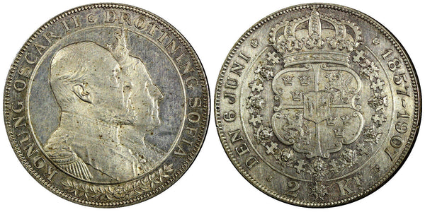 SWEDEN Oscar II Silver 1907 EB 2 Kronor Golden Wedding Anniversary KM# 776 (128)