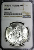 Mexico ESTADOS UNIDOS MEXICANOS Silver 1978 Mo 100 Pesos NGC MS65 GEM KM# 483.2