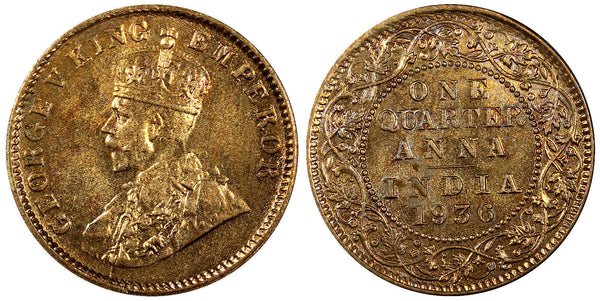 India-British George V Bronze 1936 (C) 1/4 Anna UNC Red Toned KM# 512  (22 304)