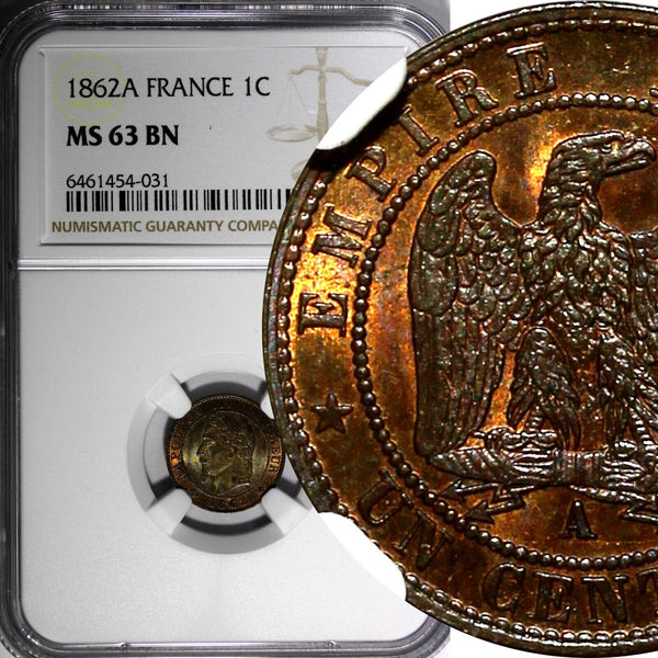 France Napoleon III Bronze 1862 A 1 Centime NGC MS63 BN Paris Mint KM# 795.1 (1)