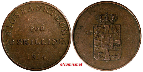Denmark Frederik VI Copper 1814 16 Skilling 1 YEAR Token Coinage KM# Tn3 (14286)