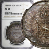 Brazil Pedro II Silver 1851 2000 Reis NGC AU55 Nice Toned 37mm KM# 462 (032)