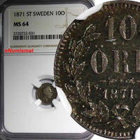 Sweden Carl XV Adolf Silver 1871 S.T. 10 Ore NGC MS64 Nice Toned KM# 710 (031)