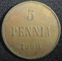 Finland Russian Nicolas II (1895-1917) Copper 1908 5 Pennia KM# 15  (23 735)