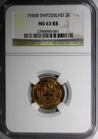 Switzerland Bronze 1936 B 2 Rappen NGC MS63 RB RED Mintage-500,000 KM4.2a (091)