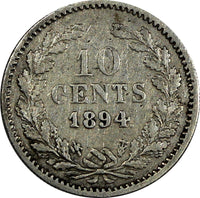Netherlands Wilhelmina I Silver 1894 10 Cents KM# 116 (20 663)
