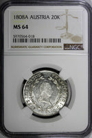Austria Francis I (1804-1835) Silver 1808 A 20 Kreuzer NGC MS64 KM# 2141  (018)