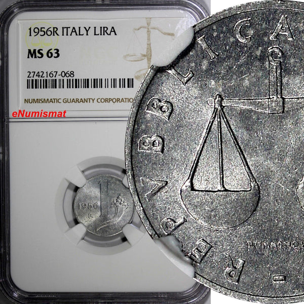Italy 1956 R 1 Lira NGC MS63 BETTER DATE TOP GRADED BY NGC SCARCE KM# 91 (68)