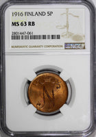 Finland Russian Tsar Nicolas II (1895-1917) 1916 5 Pennia NGC MS63 RB KM# 15/061