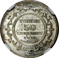 Tunisia Muhammad V Silver AH1334 (1915) A 50 Centimes NGC UNC DET.KM# 237 (040)