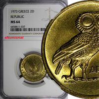 Greece 1973 2 Drachmai NGC MS 64 Owl 1 YEAR TYPE GEM BU KM# 108 (037)