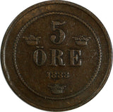 SWEDEN Oscar II (1872-1907) Bronze 1888 5 ORE SCARCE KM# 736 (820)