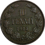 Finland Nicholas II Copper 1915 10 Penniä Mintage-420,000 KM# 14 (18 746)