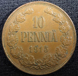 Finland Nicholas II Copper 1915 10 Penniä Mintage-420,000 KM# 14 (23 032)