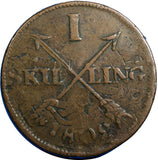 Sweden Copper 1802 1 Skilling Overstruck on 1748 2 Ore S.M Fredrik I KM#566