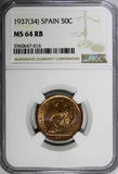 SPAIN II Republic Copper 1937 (34) 50 Centimos NGC MS64 RB KM# 754.1 (016)