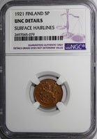 Finland Copper 1921 5 Pennia NGC UNC DETAILS KM# 22 (079)