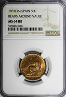 SPAIN II Republic Copper 1937 (36) 50 Centimos NGC MS64 RB KM# 754.1 (038)