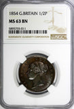 Great Britain Victoria Copper 1854 1/2 Penny NGC MS63 BN Nice Toned KM#726 (011)