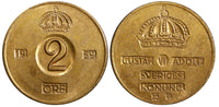 Sweden Gustaf VI Bronze 1959 TS 2 Ore GEM BU Toned KM# 821 (21 955)