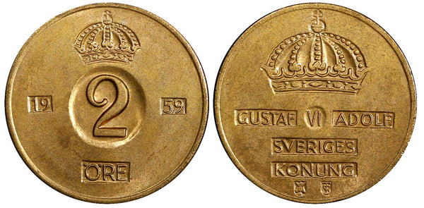 Sweden Gustaf VI Bronze 1959 TS 2 Ore GEM BU Toned KM# 821 (21 955)