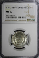 Tunisia  Silver AH1358 // 1939 5 Francs NGC MS62 Mint Luster KM# 264 (044)