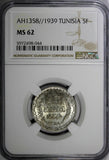 Tunisia  Silver AH1358 // 1939 5 Francs NGC MS62 Mint Luster KM# 264 (044)