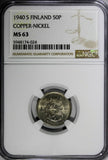 Finland Copper-Nickel 1940 S 50 Penniä Last Year NGC MS63 TOP GRADED KM# 26 (24)