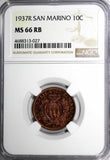 San Marino Bronze 1937-R 10 Centesimi NGC MS66 RB TOP GRADED BY NGC NICE KM# 13