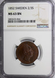 Sweden Oscar I 1852 2/3 Skilling NGC MS63 BN TOP GRADED Mint-297 KM# 663 (64)