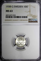 SWEDEN Gustaf V Silver 1938 G 10 Ore NGC MS63 GEM BU  KM# 780 (018)