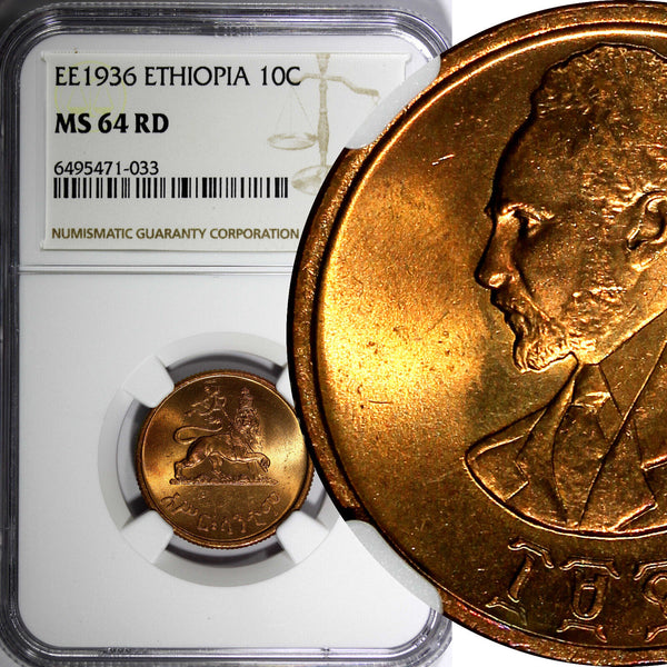 Ethiopia Haile Selassie I Copper EE 1936 10 Cents NGC MS64 RD FULL RED KM# 34(3)