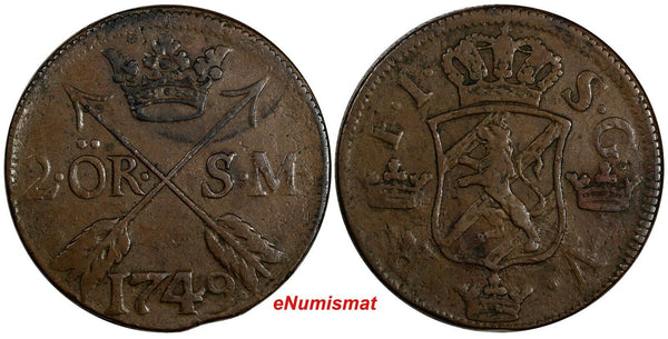 SWEDEN Frederick I Copper 1749 2 Ore S.M.Mintage-312,900 34 mm KM# 437 (15 201)