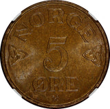 Norway Haakon VII Bronze 1957 5 Ore NGC MS64 BN LAST YEAR TYPE  KM# 400