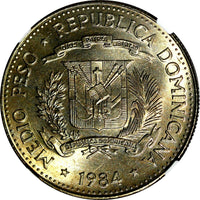 DOMINICAN REPUBLIC 1984 MO 1/2 Peso NGC MS65 Human Rights Toning KM# 62.1