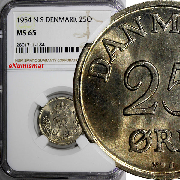 DENMARK Frederik IX 1954 N S  25 Ore NGC MS65 LIGHT TONING 23mm KM# 842.1 (184)