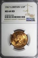 GREAT BRITAIN Elizabeth II 1967 1/2 Penny NGC MS64 RD FULL RED TONING KM# 896(3)