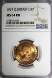 GREAT BRITAIN Elizabeth II 1967 1/2 Penny NGC MS64 RD FULL RED TONING KM# 896(3)
